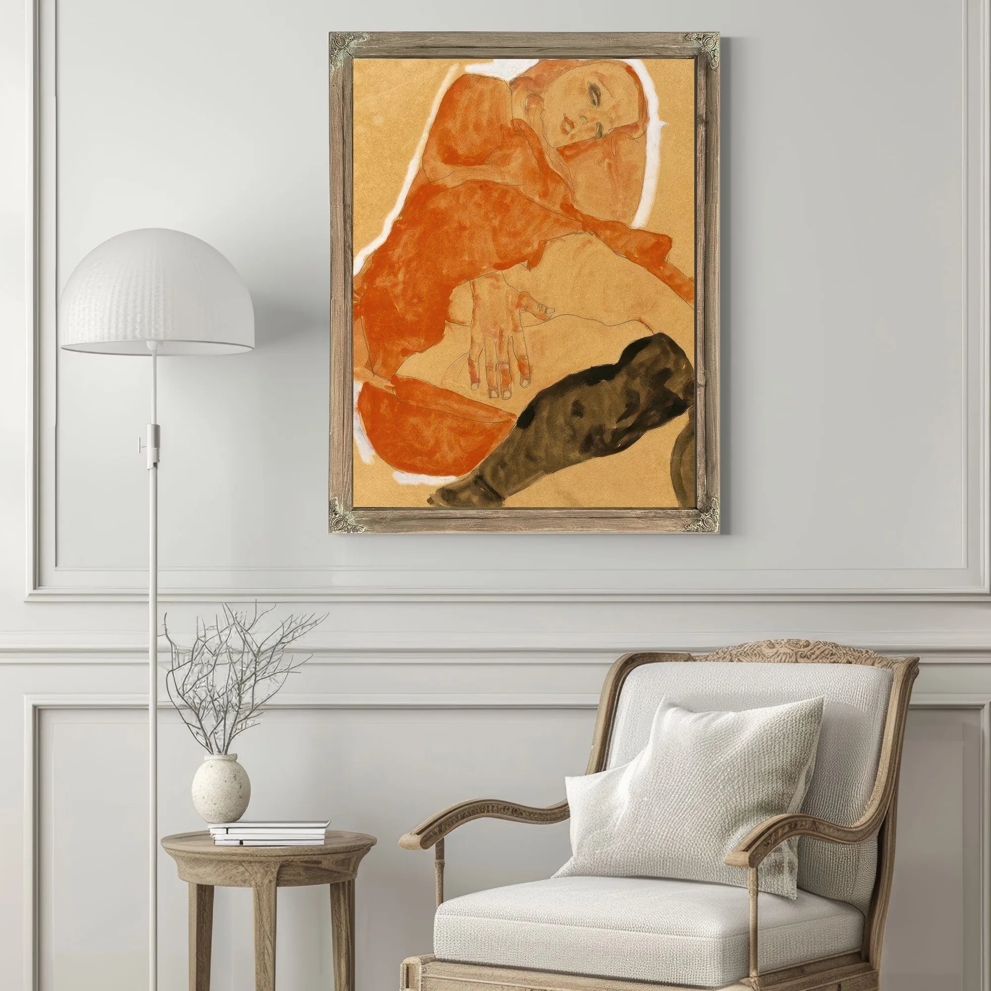 Girl In Red Robe And Black Stockings By Egon Schiele Fine Art Print