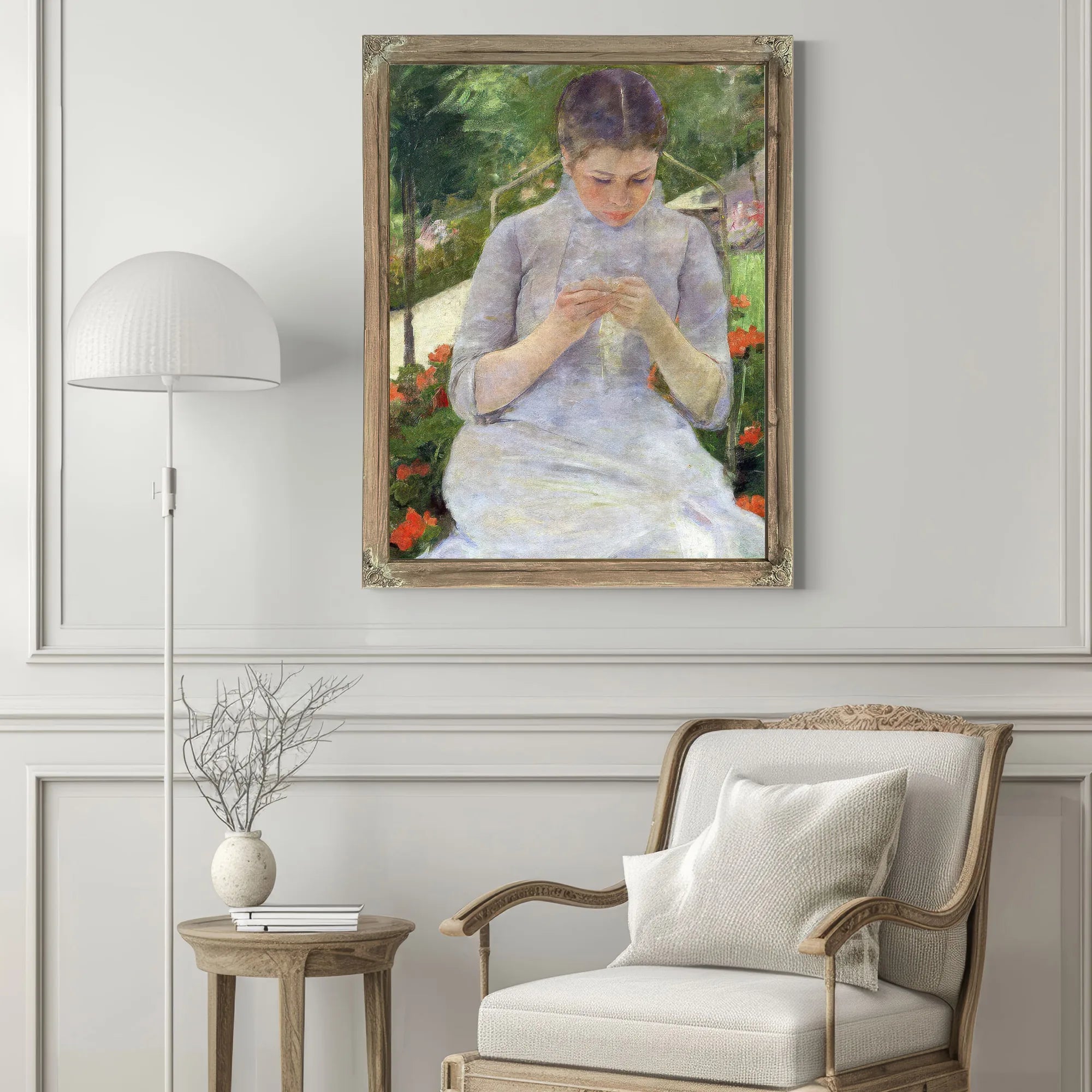 Young Woman Sewing In The Garden By Mary Cassatt Fine Art Print