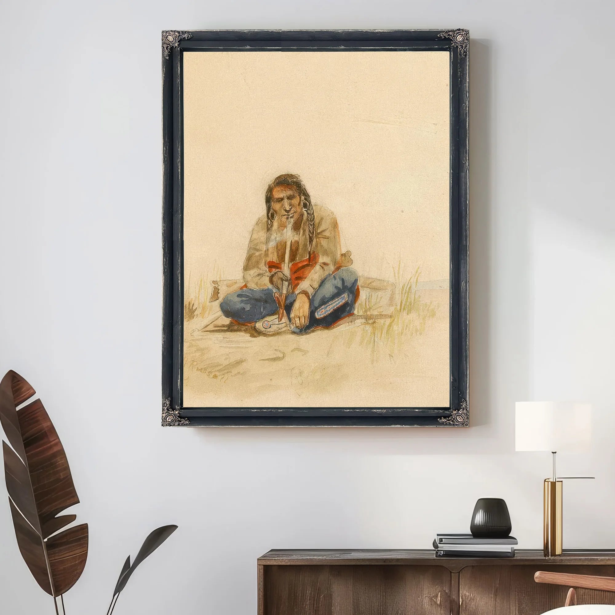 Indian Smoking Peace Pipe By Charles Marion Russell Fine Art Print