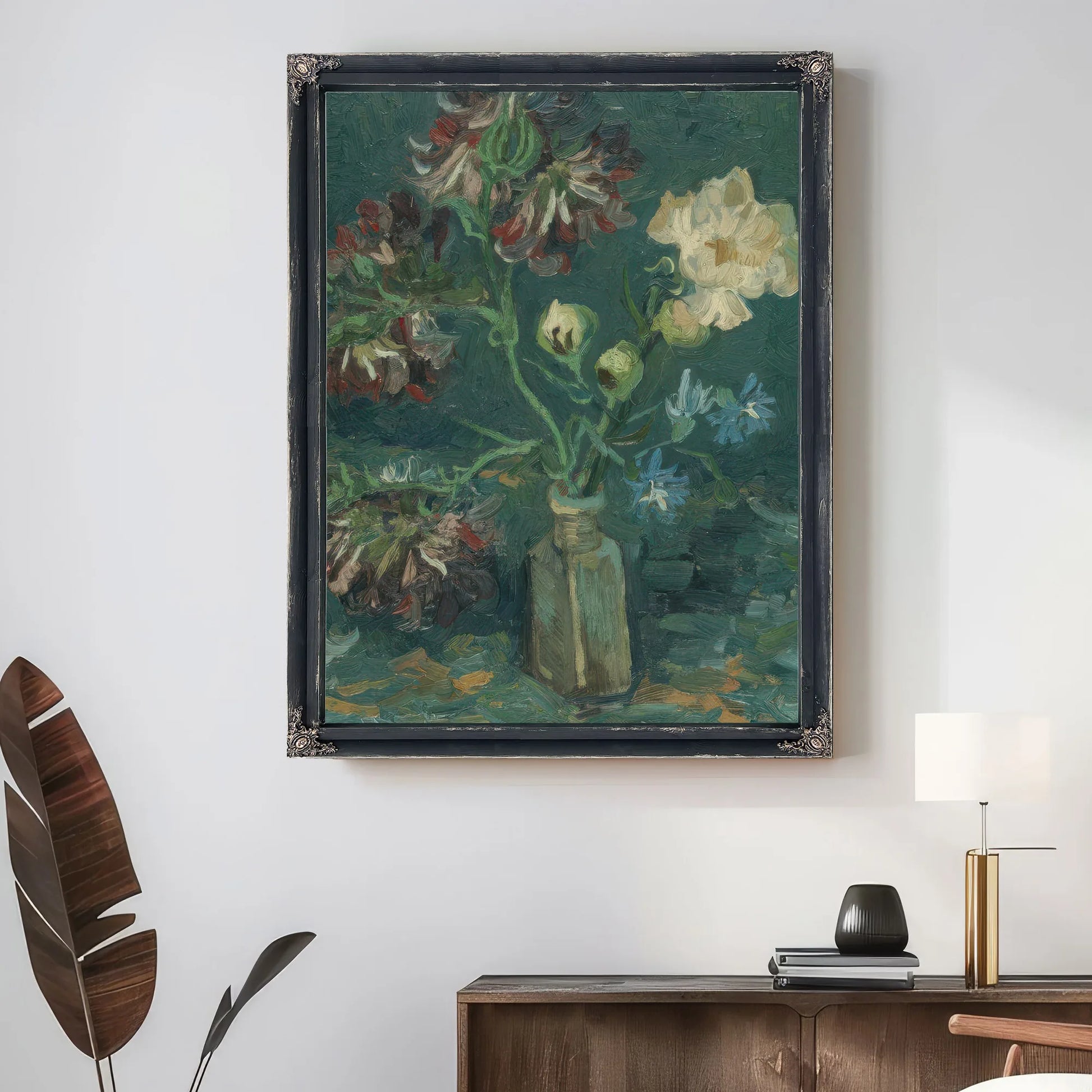 Small Bottle With Peonies And Blue Delphiniums By Vincent Van Gogh Fine Art Print