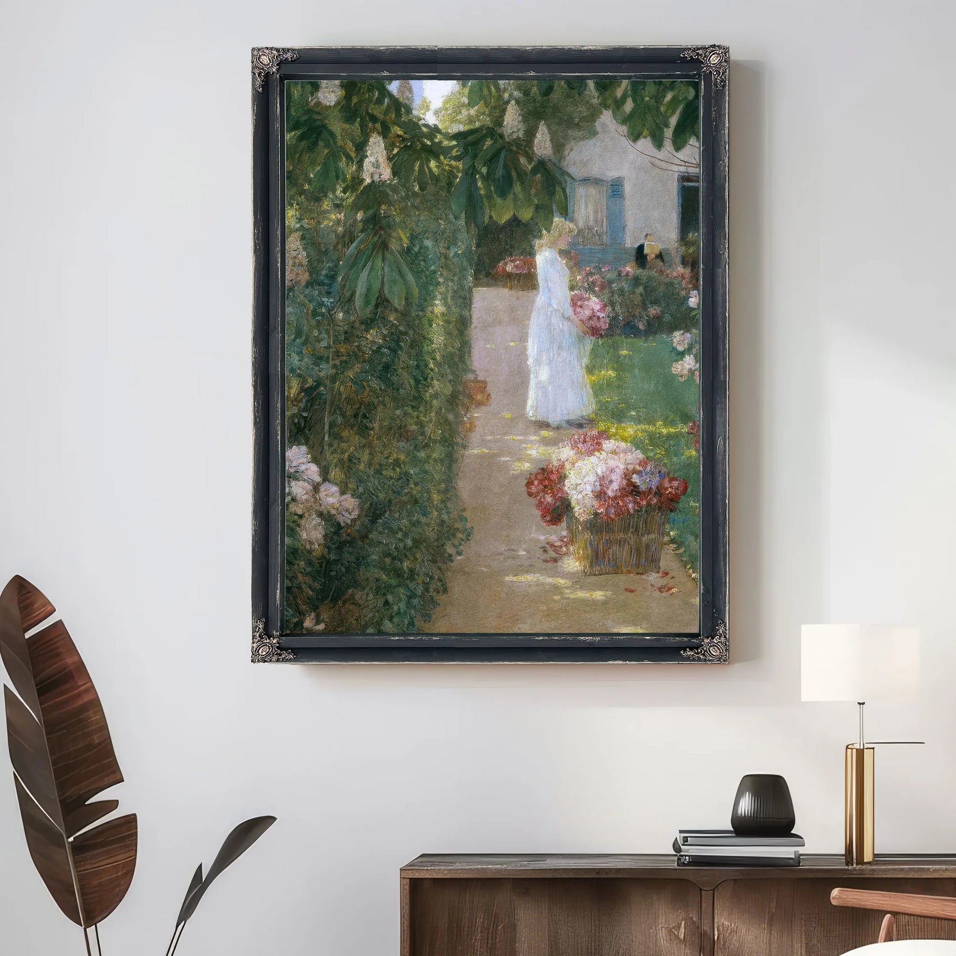 Gathering Flowers In A French Garden By Childe Hassam Fine Art Print