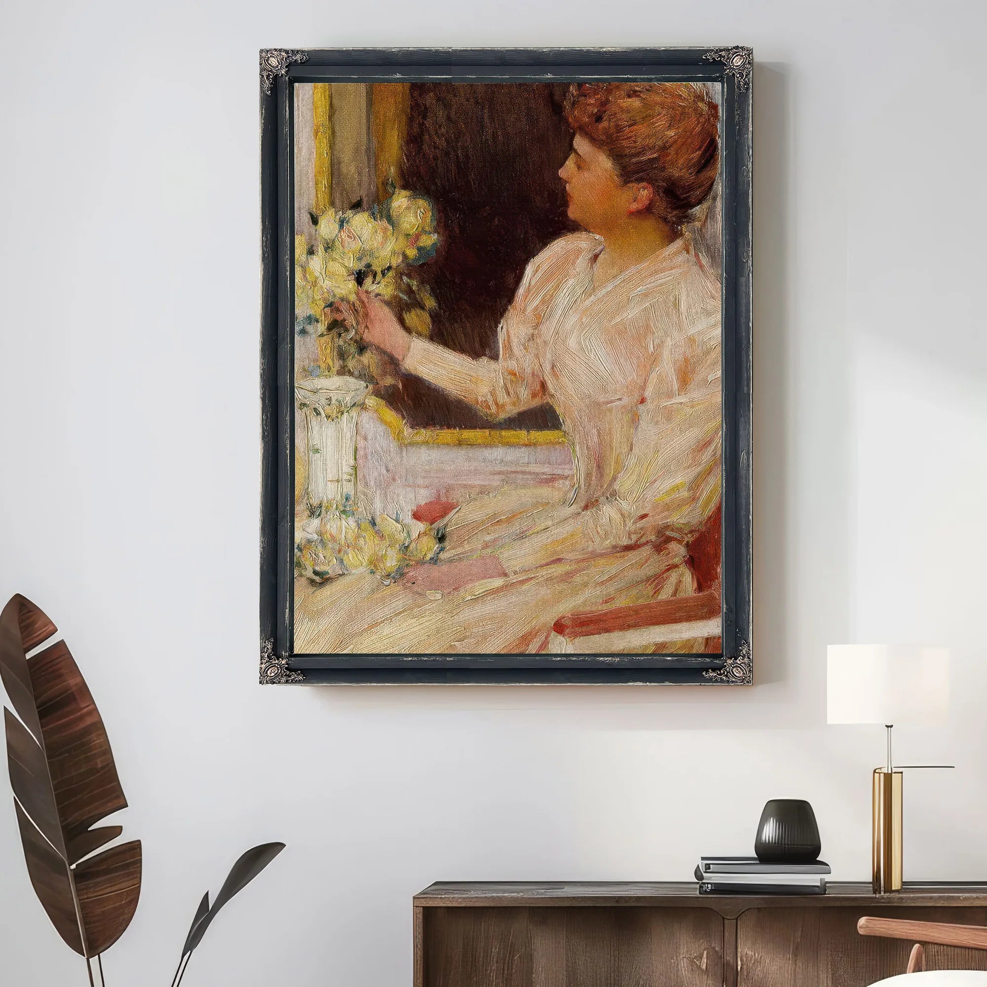 The Lady With Yellow Roses By Childe Hassam Fine Art Print