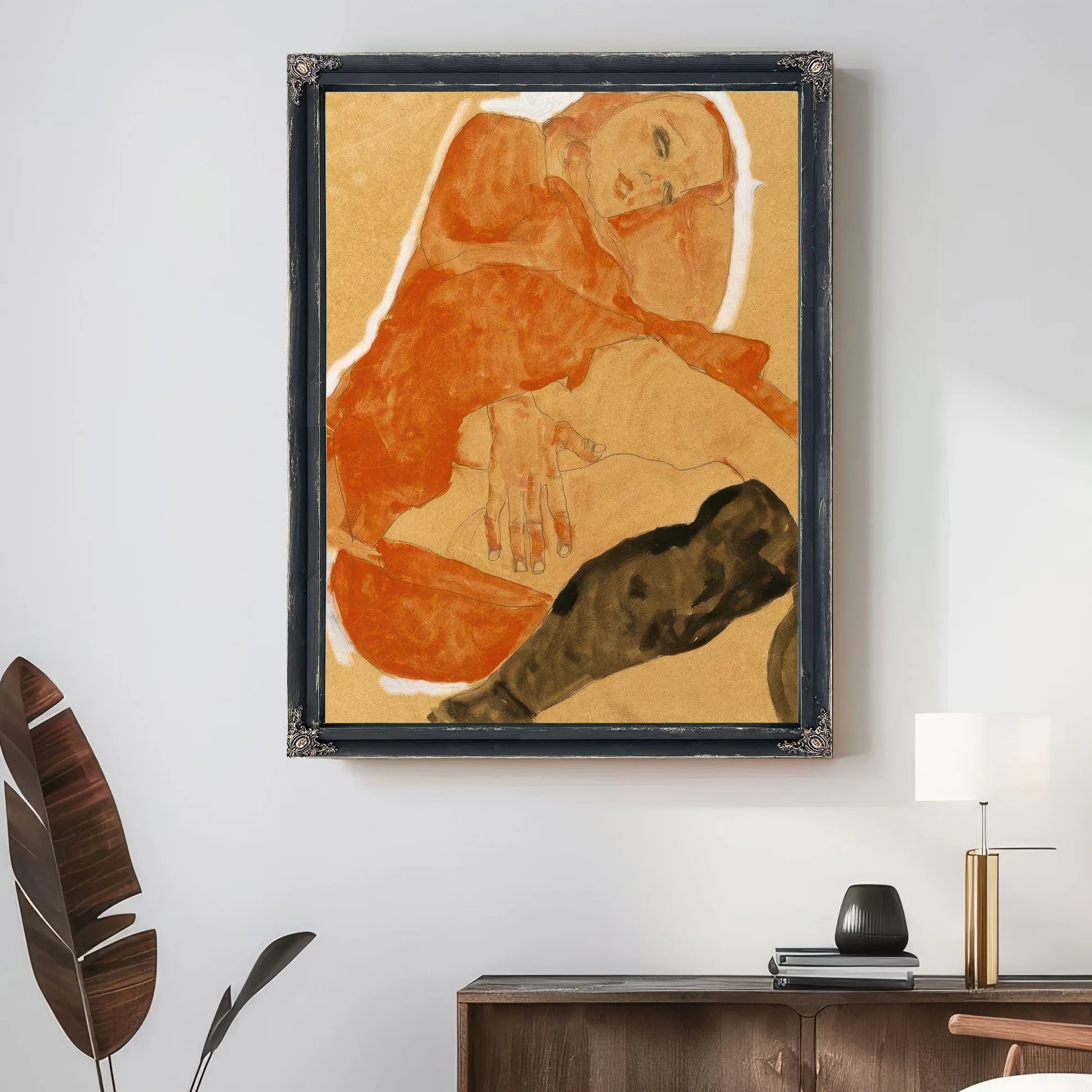 Girl In Red Robe And Black Stockings By Egon Schiele Fine Art Print