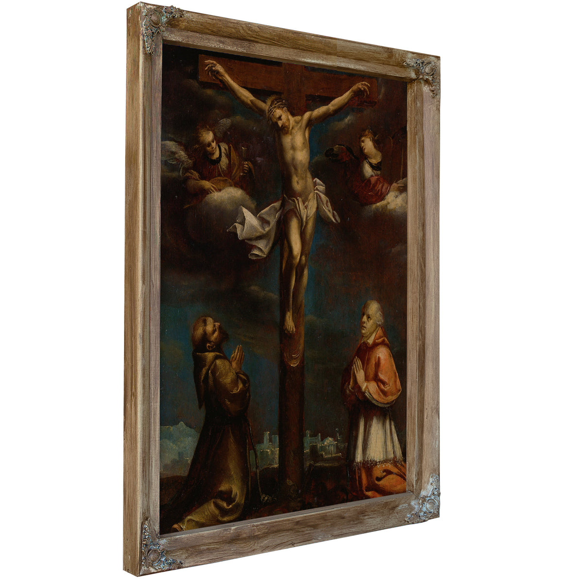 The Crucifixion With St Francis A Cardinal And Two Angels By Lombard School