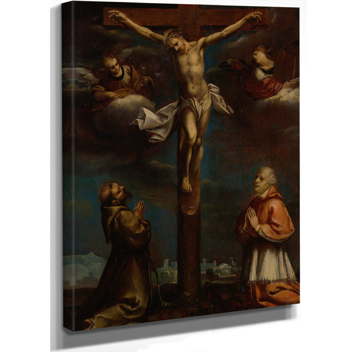 The Crucifixion With St Francis A Cardinal And Two Angels By Lombard School