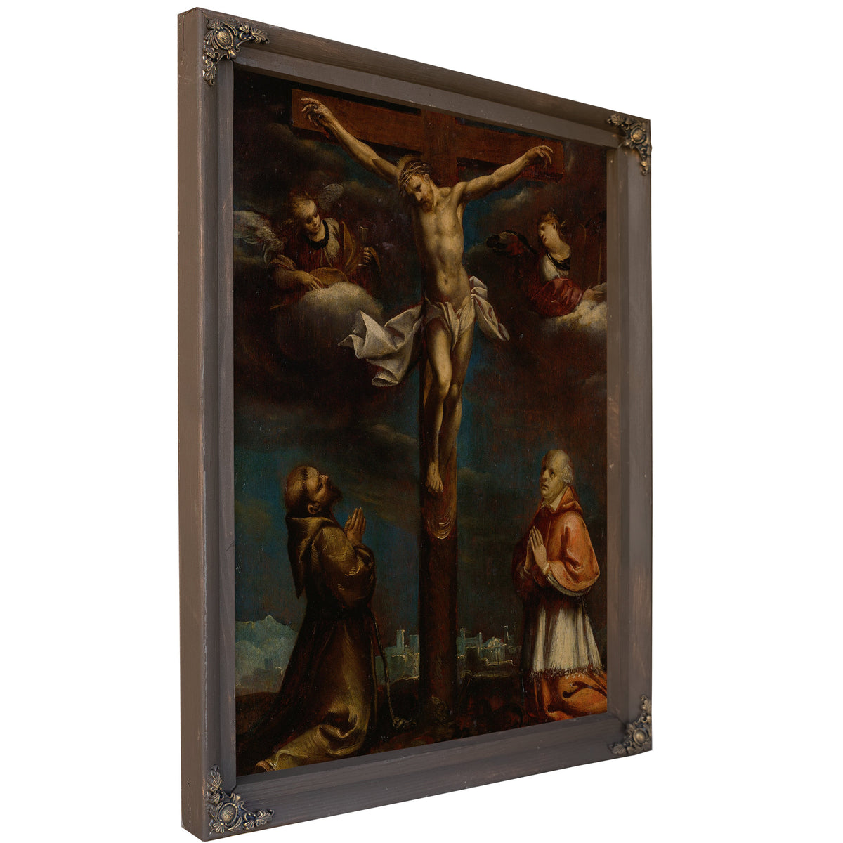 The Crucifixion With St Francis A Cardinal And Two Angels By Lombard School