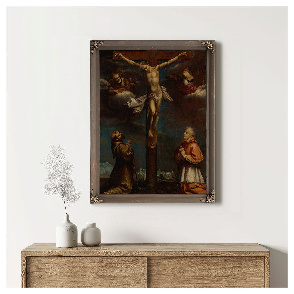 The Crucifixion With St Francis A Cardinal And Two Angels By Lombard School