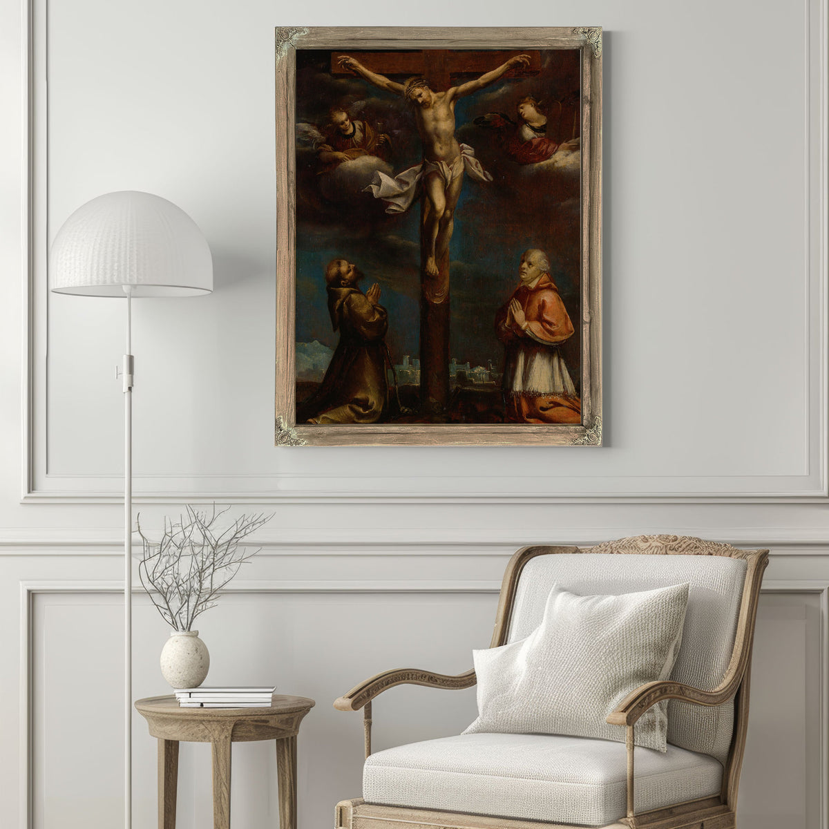 The Crucifixion With St Francis A Cardinal And Two Angels By Lombard School