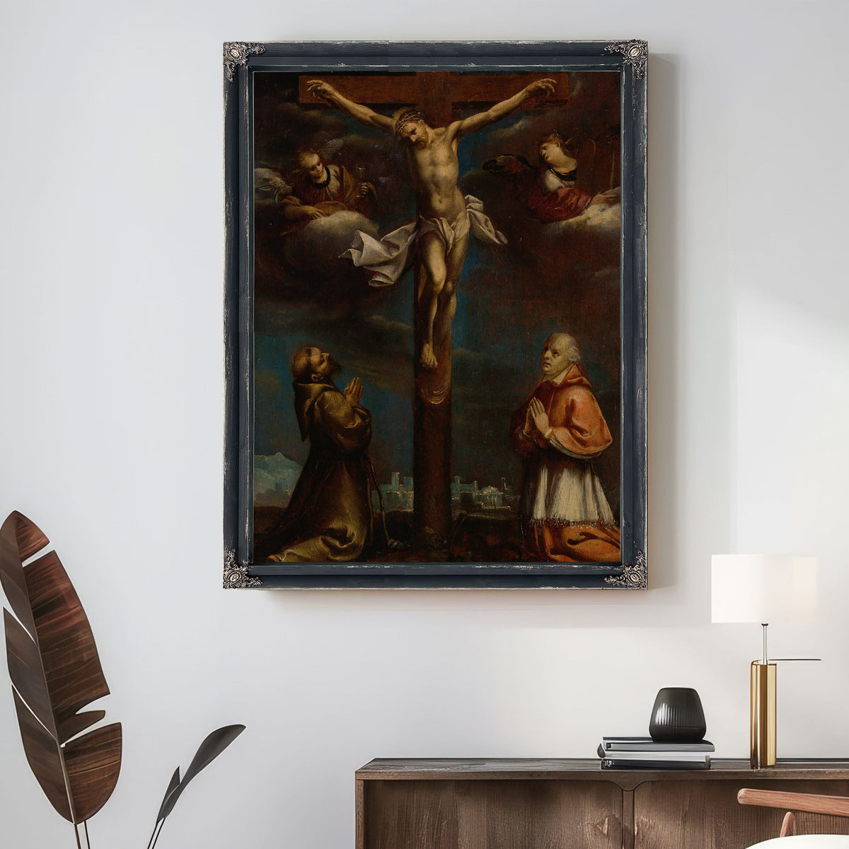 The Crucifixion With St Francis A Cardinal And Two Angels By Lombard School