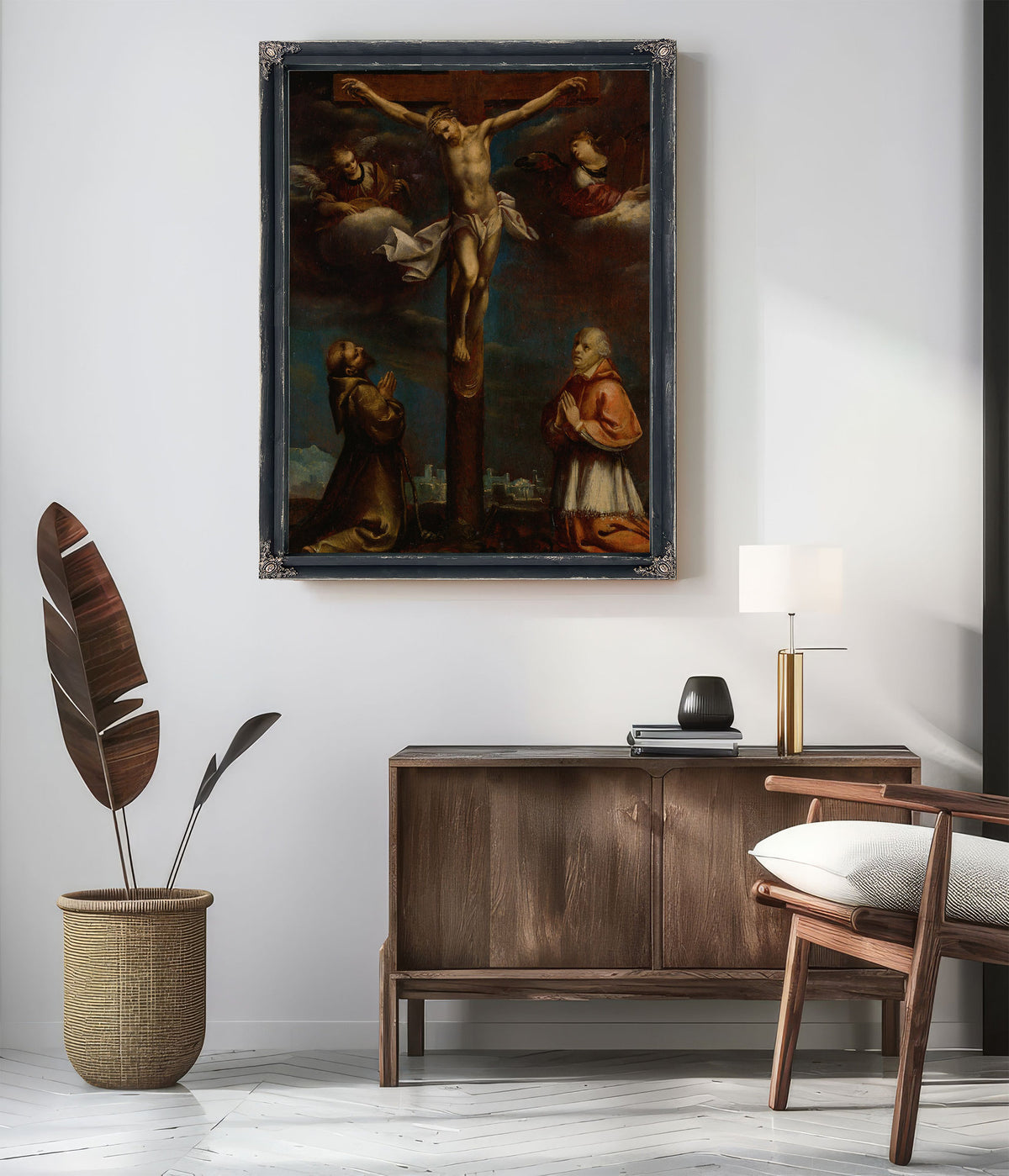 The Crucifixion With St Francis A Cardinal And Two Angels By Lombard School