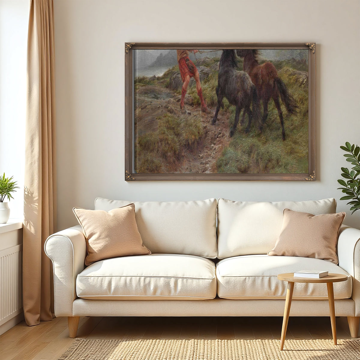 A Ghillie And Two Shetland Ponies In A Misty Landscape by Rosa Bonheur