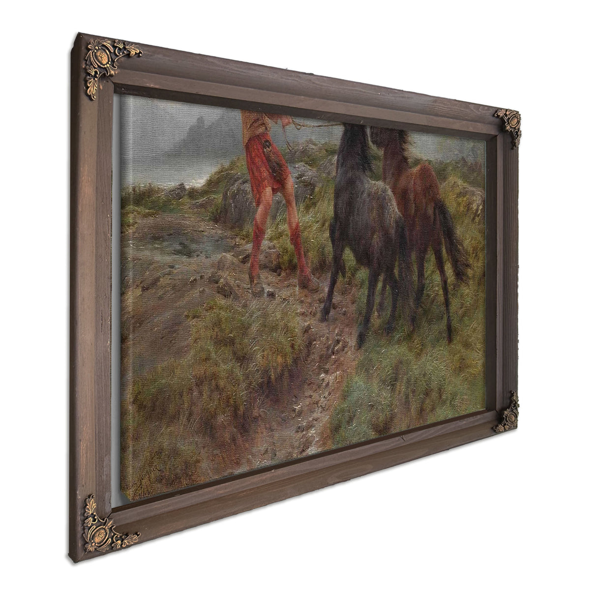 A Ghillie And Two Shetland Ponies In A Misty Landscape by Rosa Bonheur