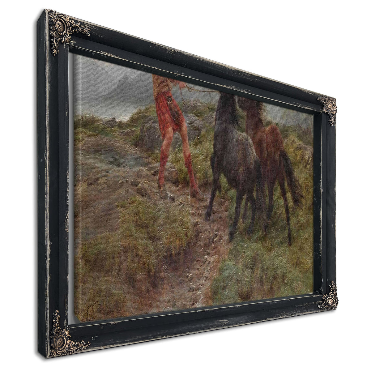 A Ghillie And Two Shetland Ponies In A Misty Landscape by Rosa Bonheur
