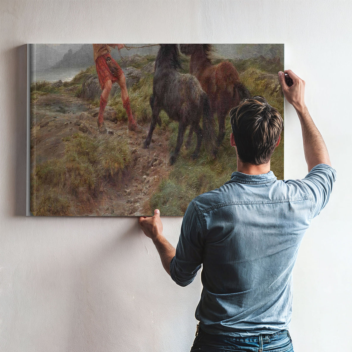 A Ghillie And Two Shetland Ponies In A Misty Landscape by Rosa Bonheur