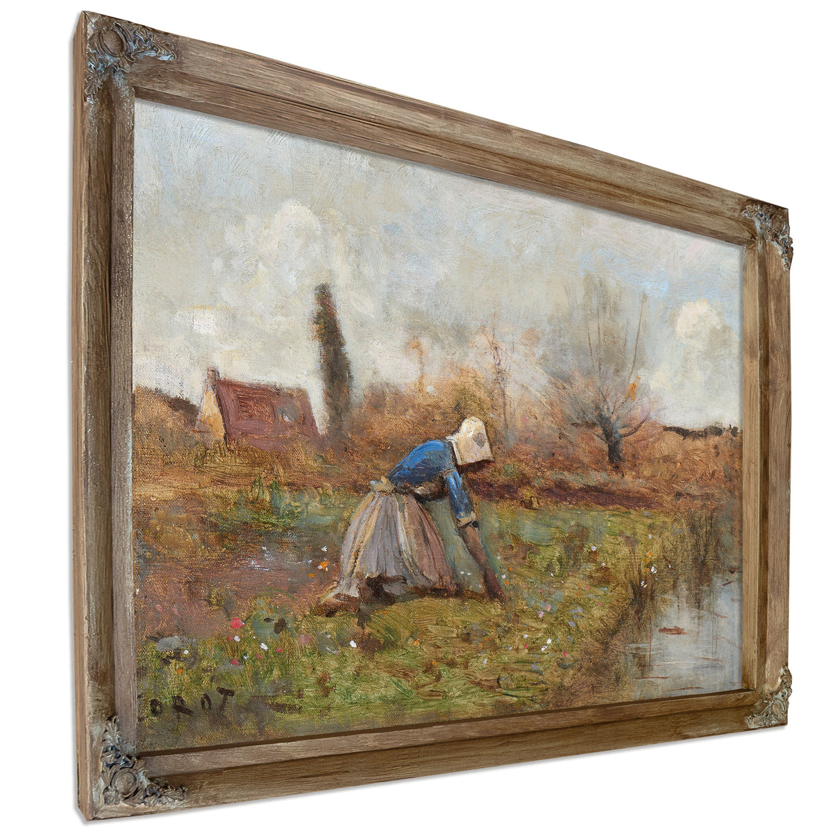 Fermiere Agenouillee Cueillant Des By Camille Corot