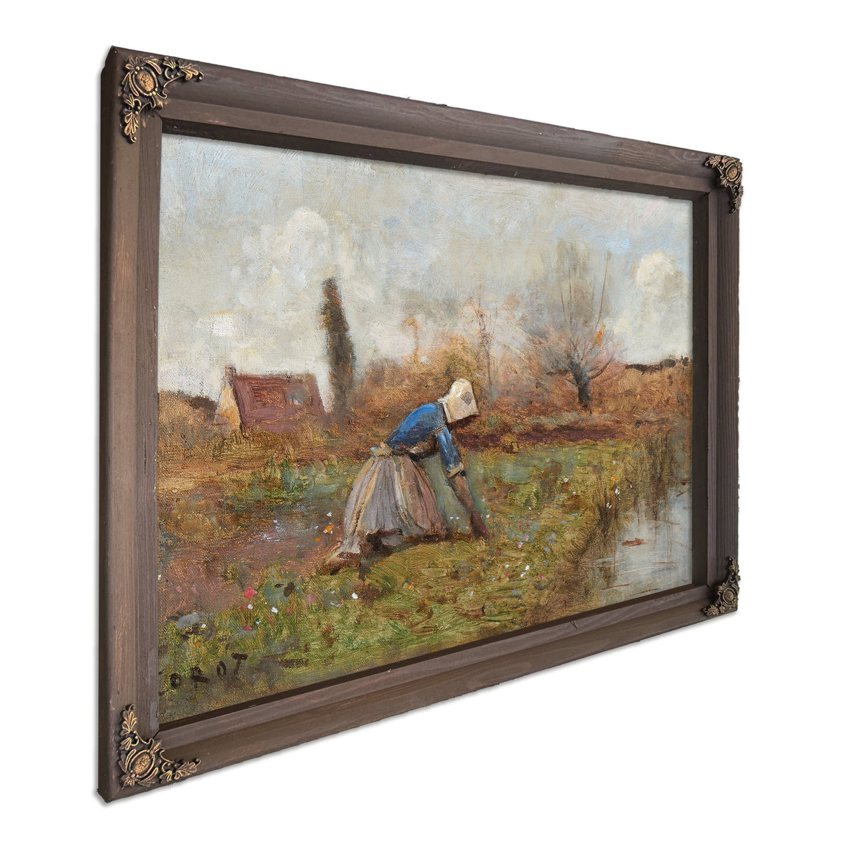 Fermiere Agenouillee Cueillant Des By Camille Corot
