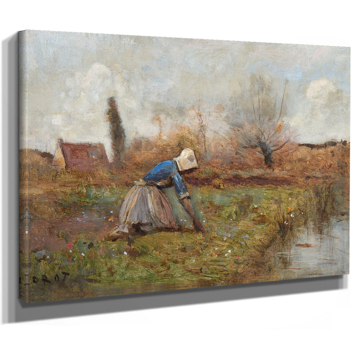 Fermiere Agenouillee Cueillant Des By Camille Corot