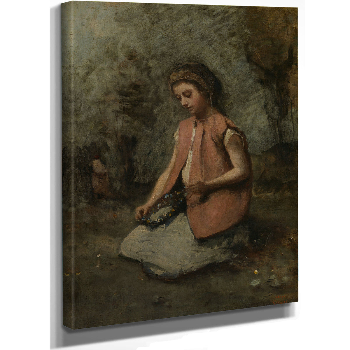 Girl Weaving Garland By Camille Corot