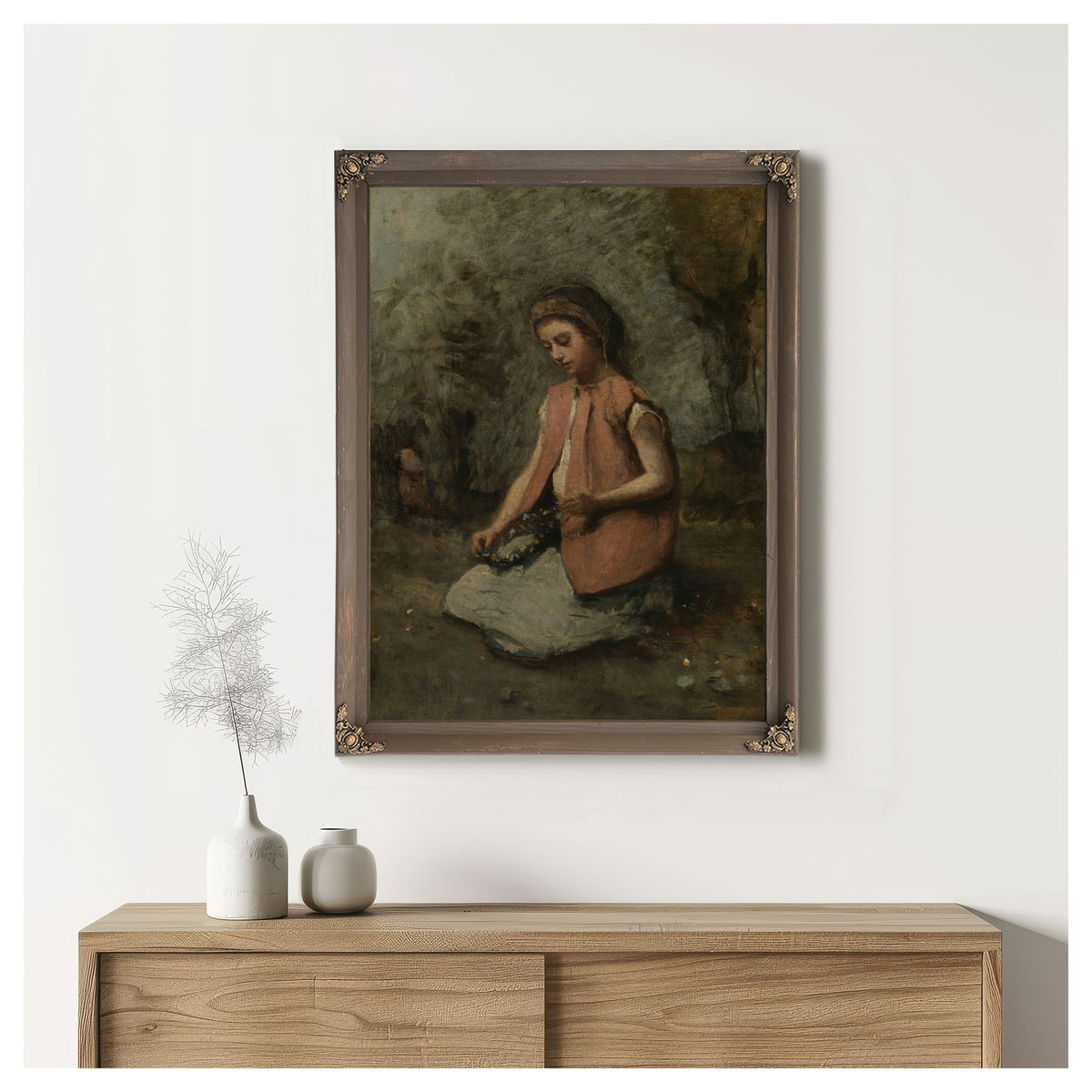 Girl Weaving Garland By Camille Corot