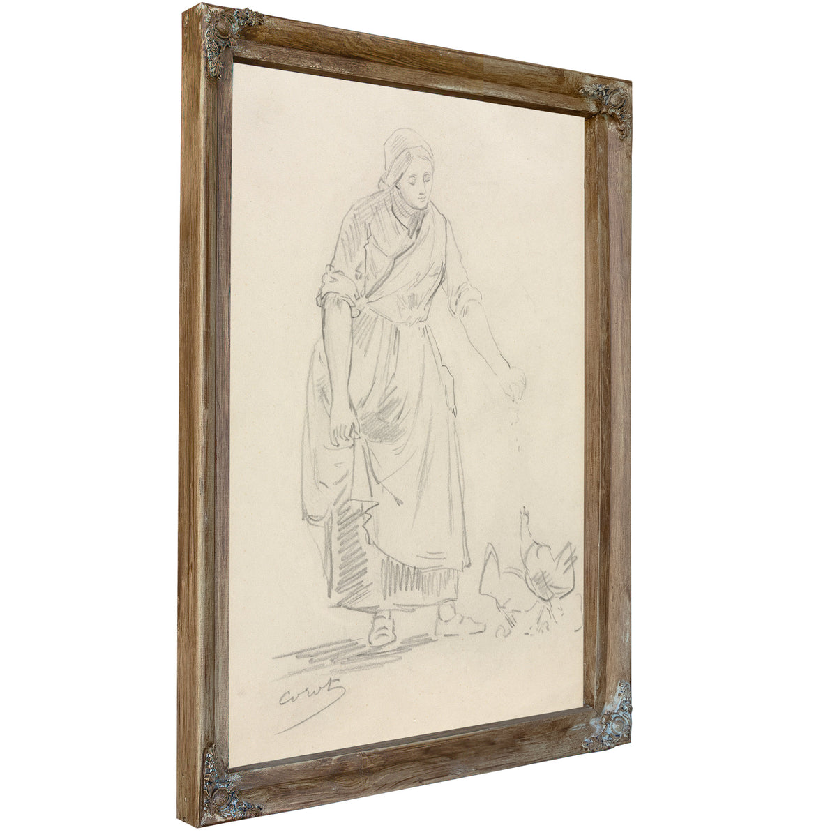 Peasant Girl Feeding Chickens S By Camille Corot