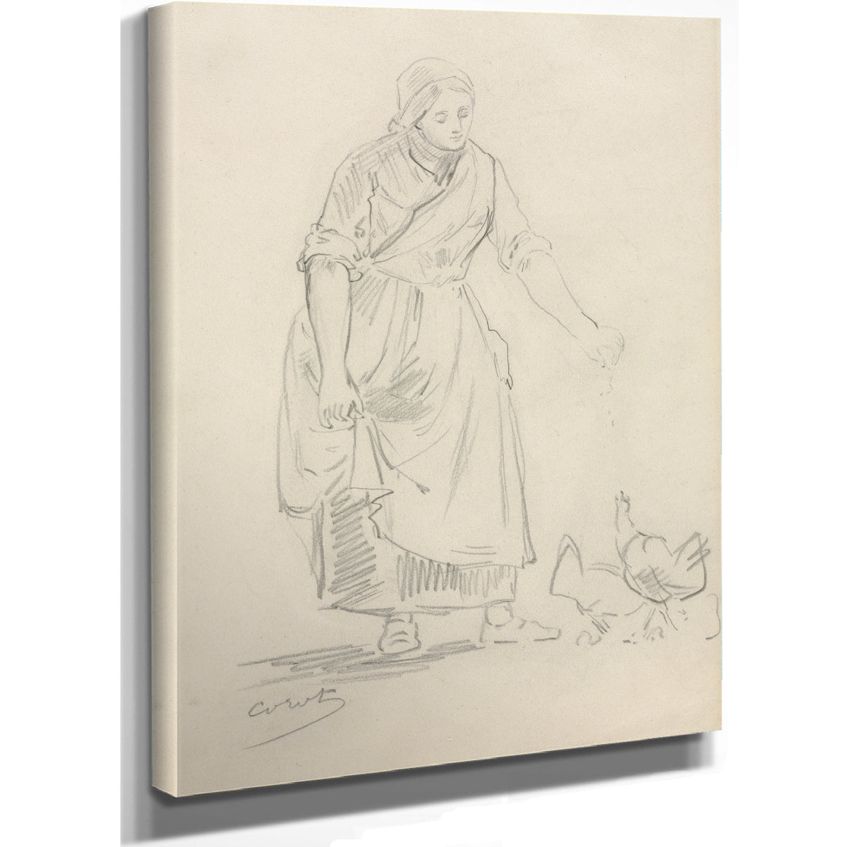 Peasant Girl Feeding Chickens S By Camille Corot