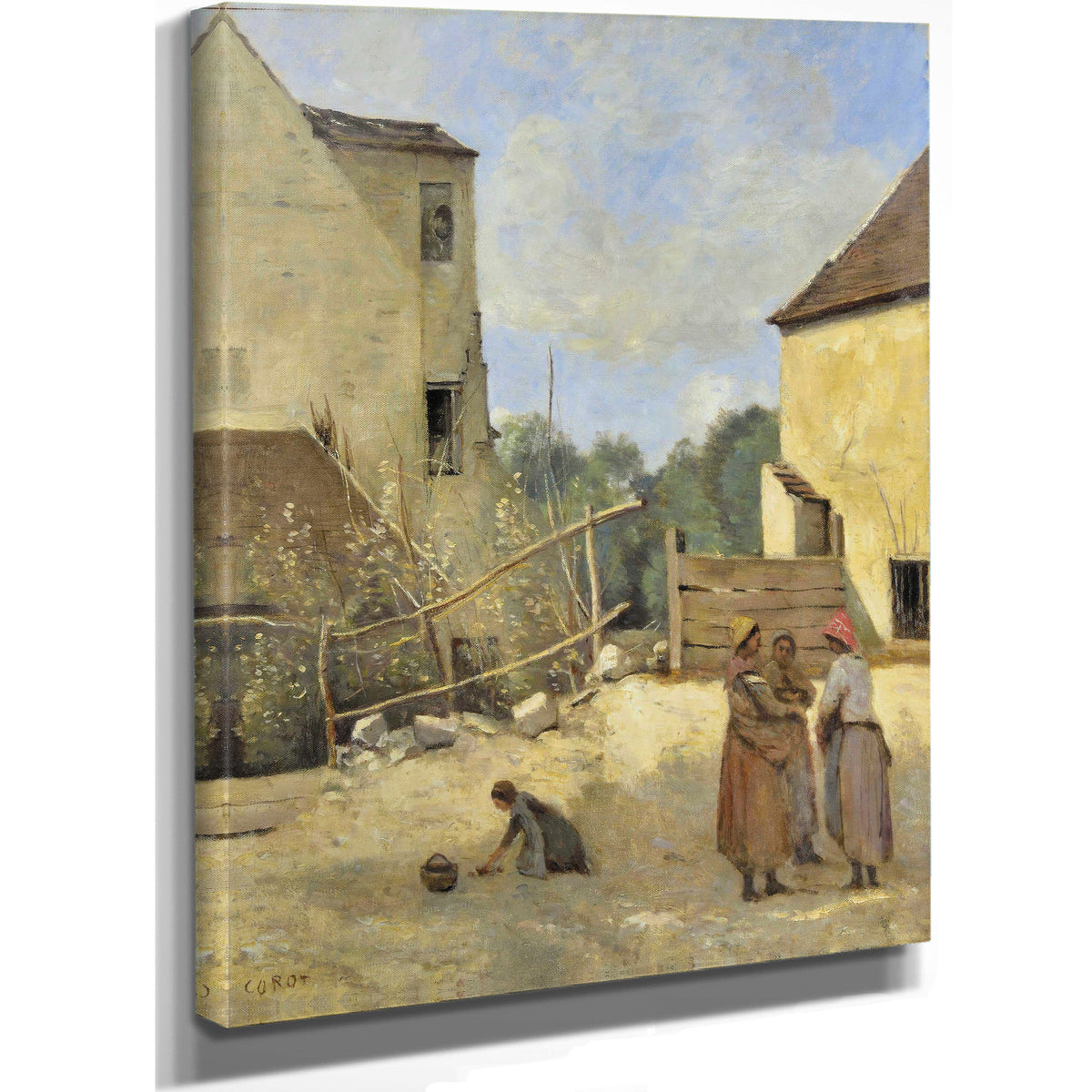 Trois Paysannes Causant Dans Une Cour By Camille Corot