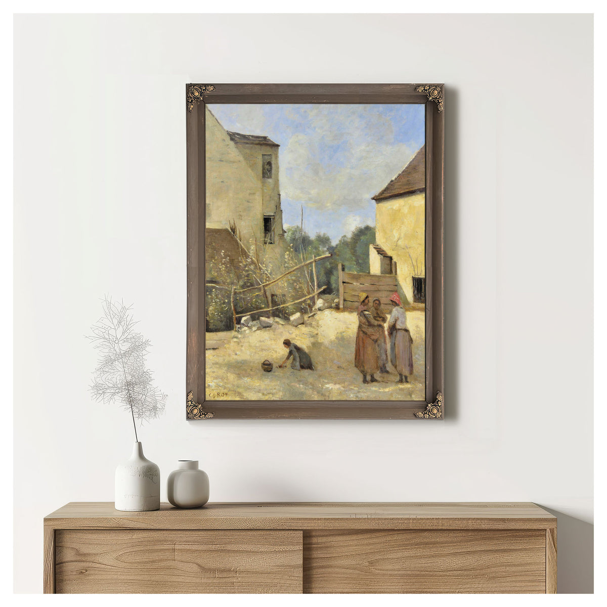 Trois Paysannes Causant Dans Une Cour By Camille Corot