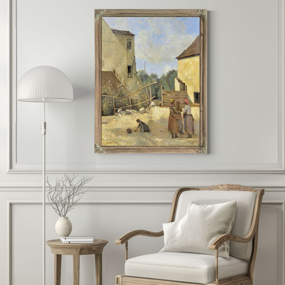 Trois Paysannes Causant Dans Une Cour By Camille Corot
