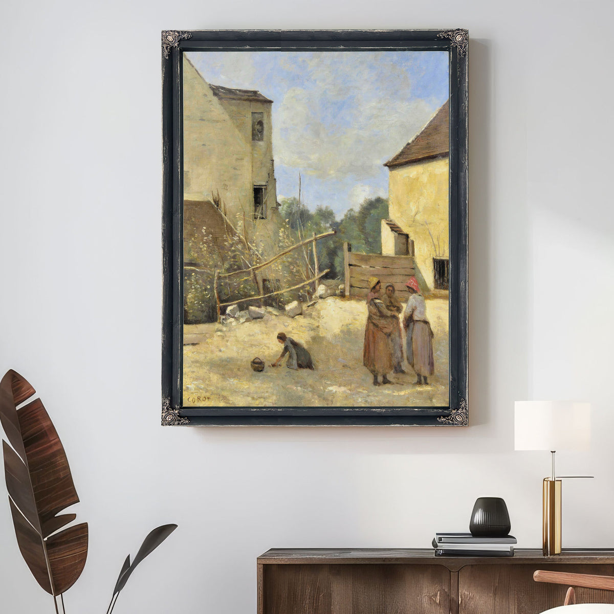 Trois Paysannes Causant Dans Une Cour By Camille Corot