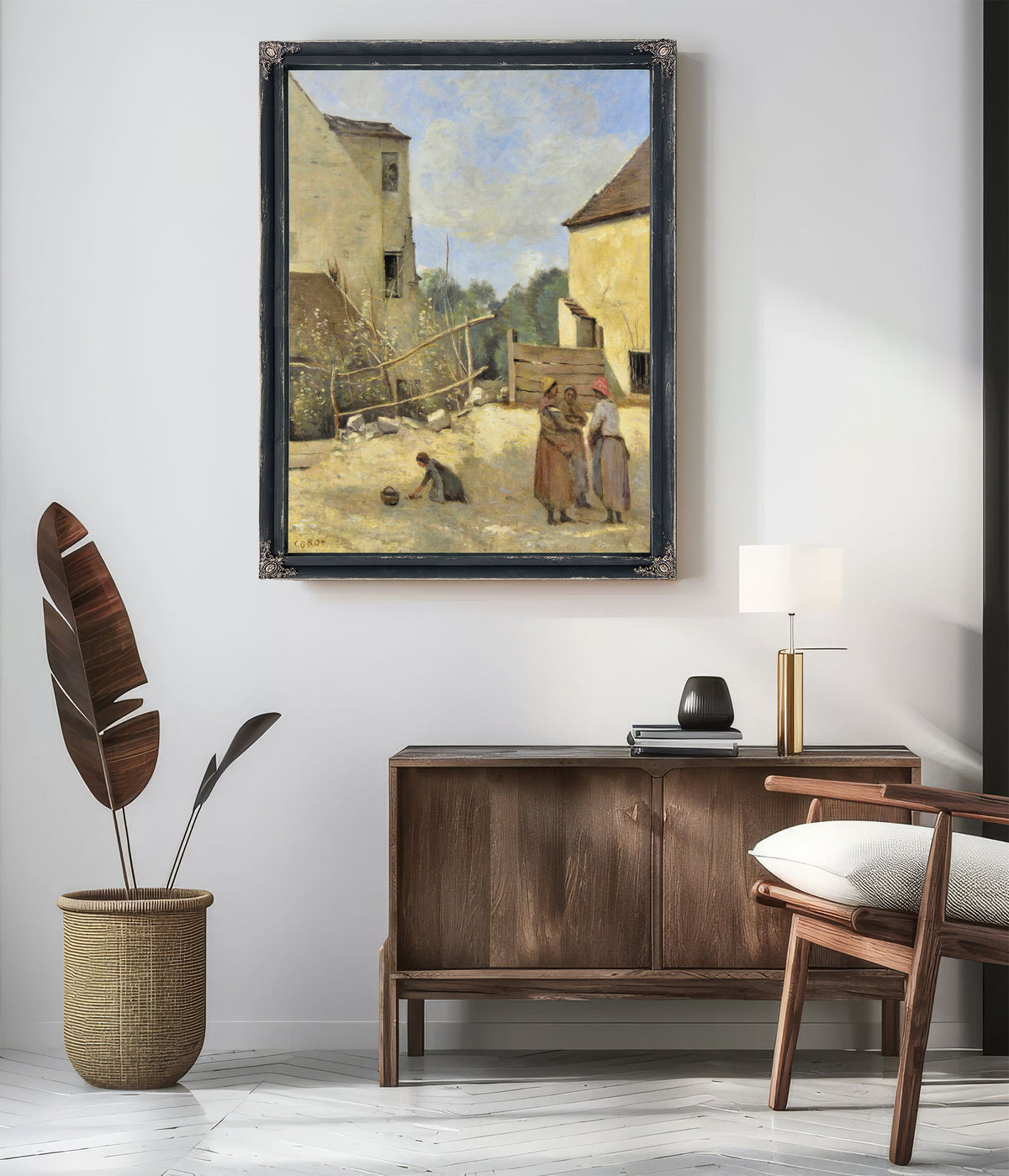 Trois Paysannes Causant Dans Une Cour By Camille Corot