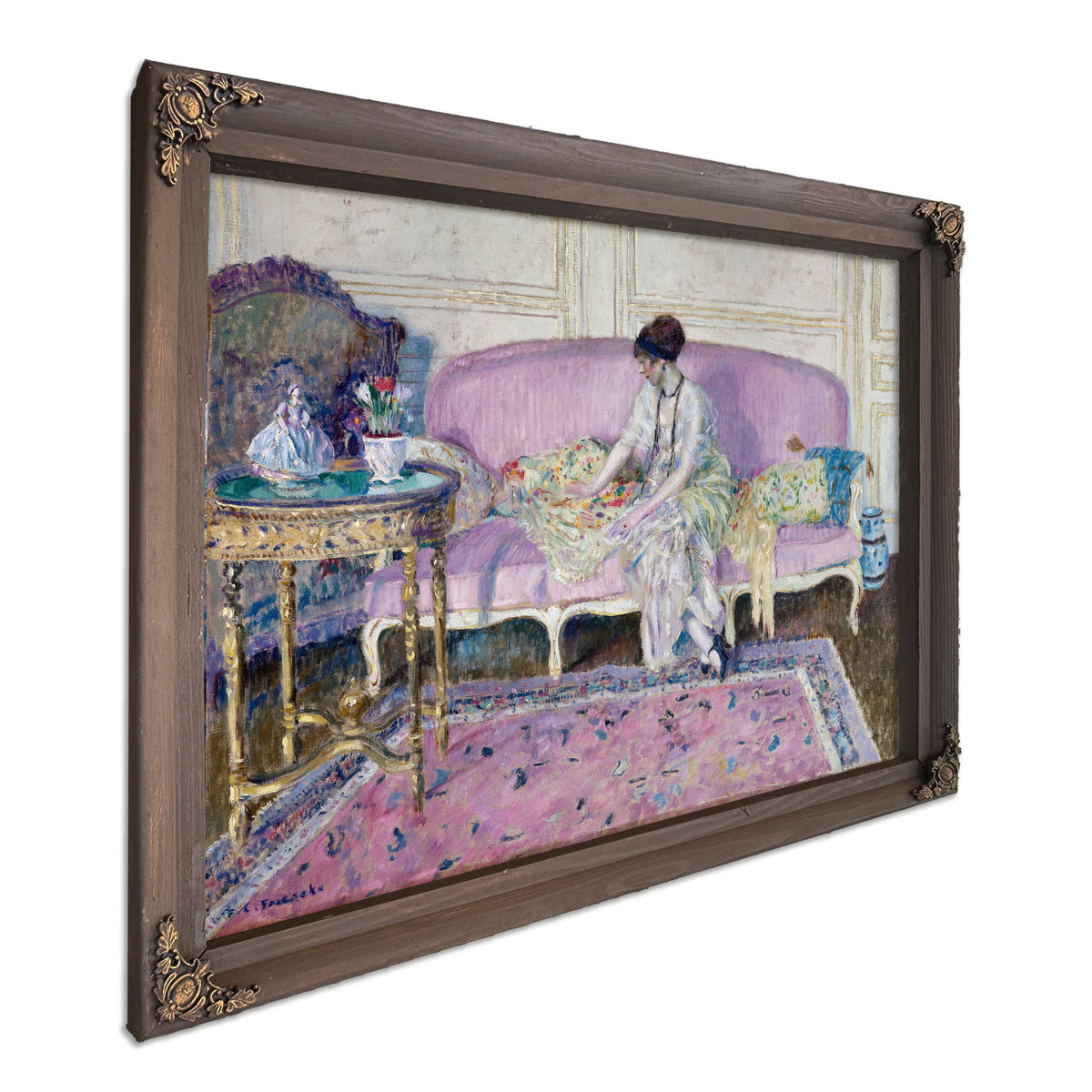 Woman Seated Sofa Interior By Carl Frieseke