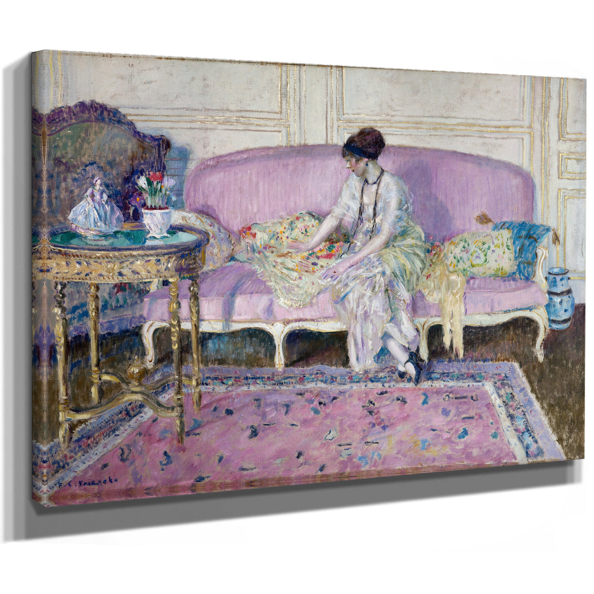 Woman Seated Sofa Interior By Carl Frieseke