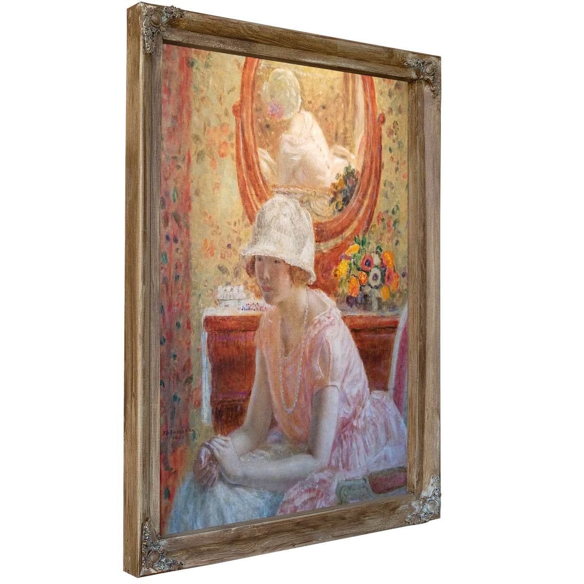 Young Girl Before Mirror a Pink Dress By Carl Frieseke