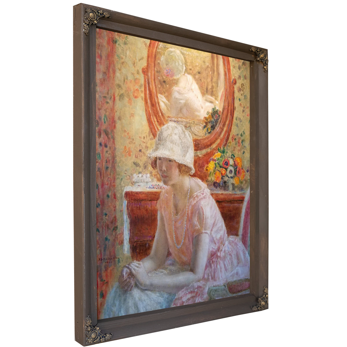 Young Girl Before Mirror a Pink Dress By Carl Frieseke