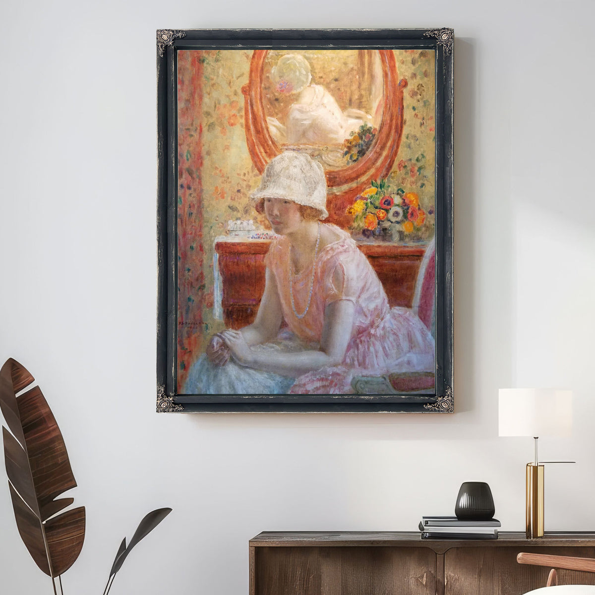 Young Girl Before Mirror a Pink Dress By Carl Frieseke