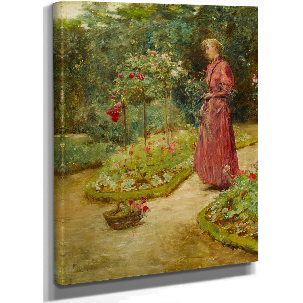 Woman Cutting Roses a Garden By Childe Hassam