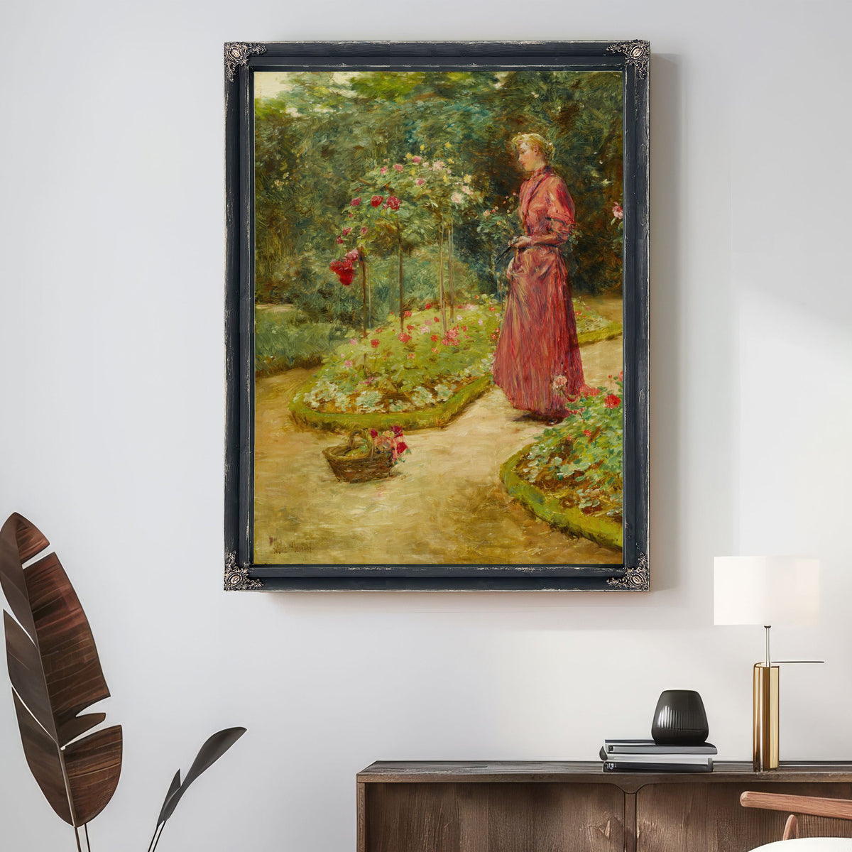 Woman Cutting Roses a Garden By Childe Hassam