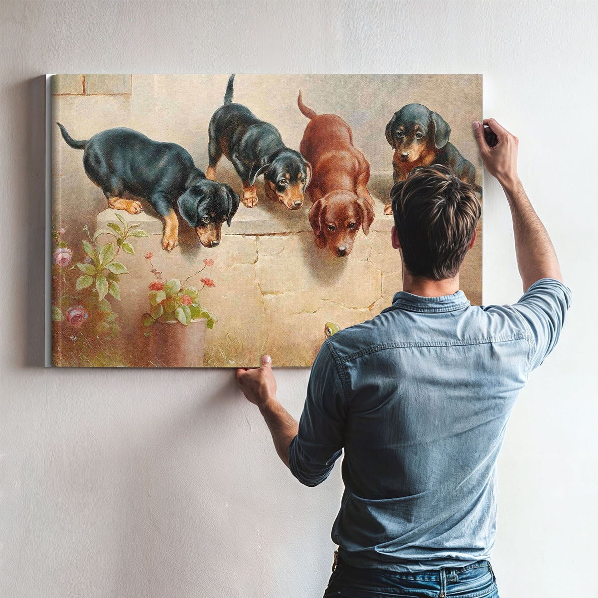 Curious Dachshund Puppies And A Frog by Carl Reichert