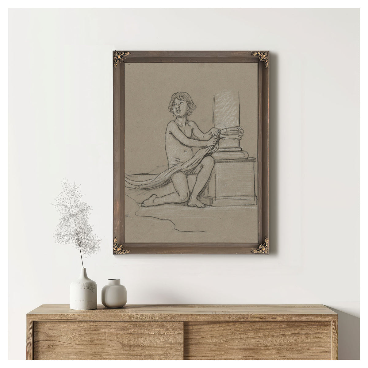 Study Young Boy Crouching Next to By Elihu Vedder