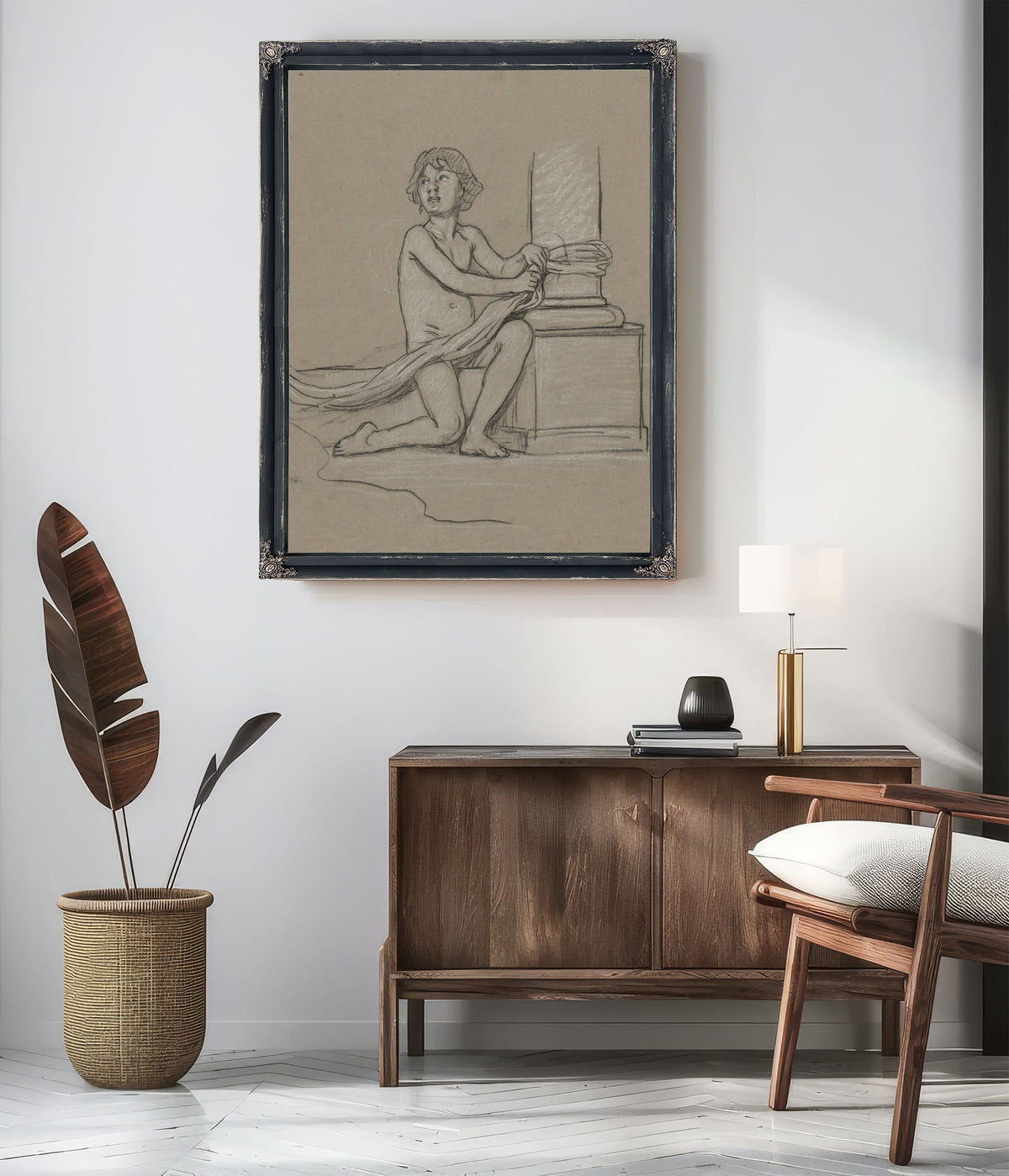Study Young Boy Crouching Next to By Elihu Vedder