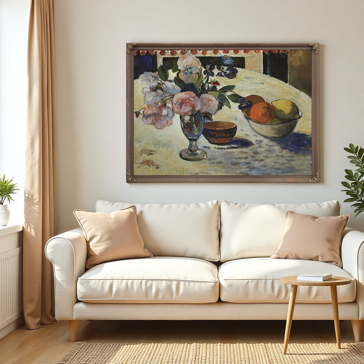 Flowers And A Bowl Of Fruit On A Table By Paul Gauguin