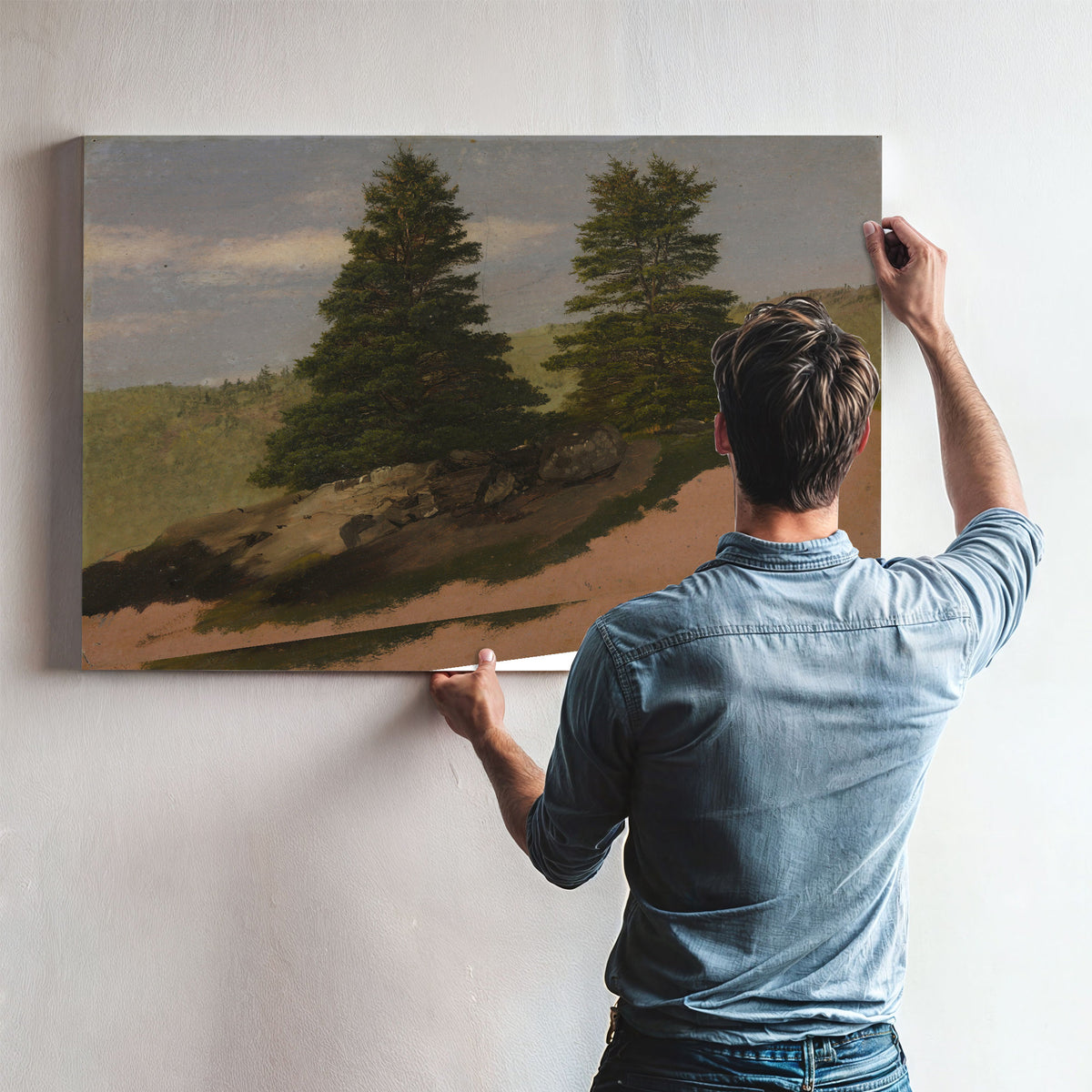 New England Landscape Two Pine Trees 02 By Frederic Edwin Church