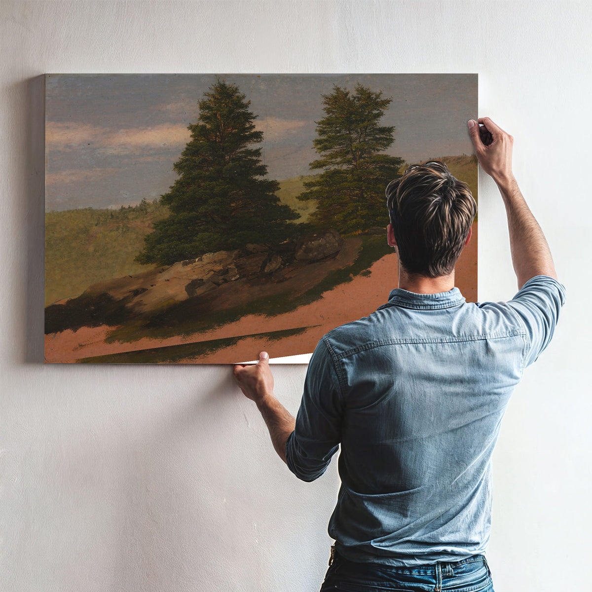 New England Landscape Two Pine Trees By Frederic Edwin Church
