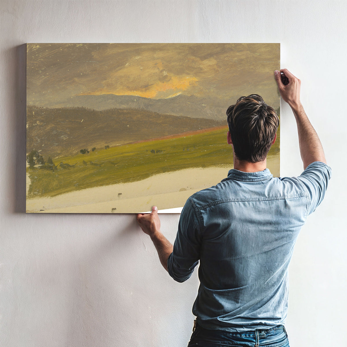 Oil Sketch Deep Valley Sunset Lit By Frederic Edwin Church