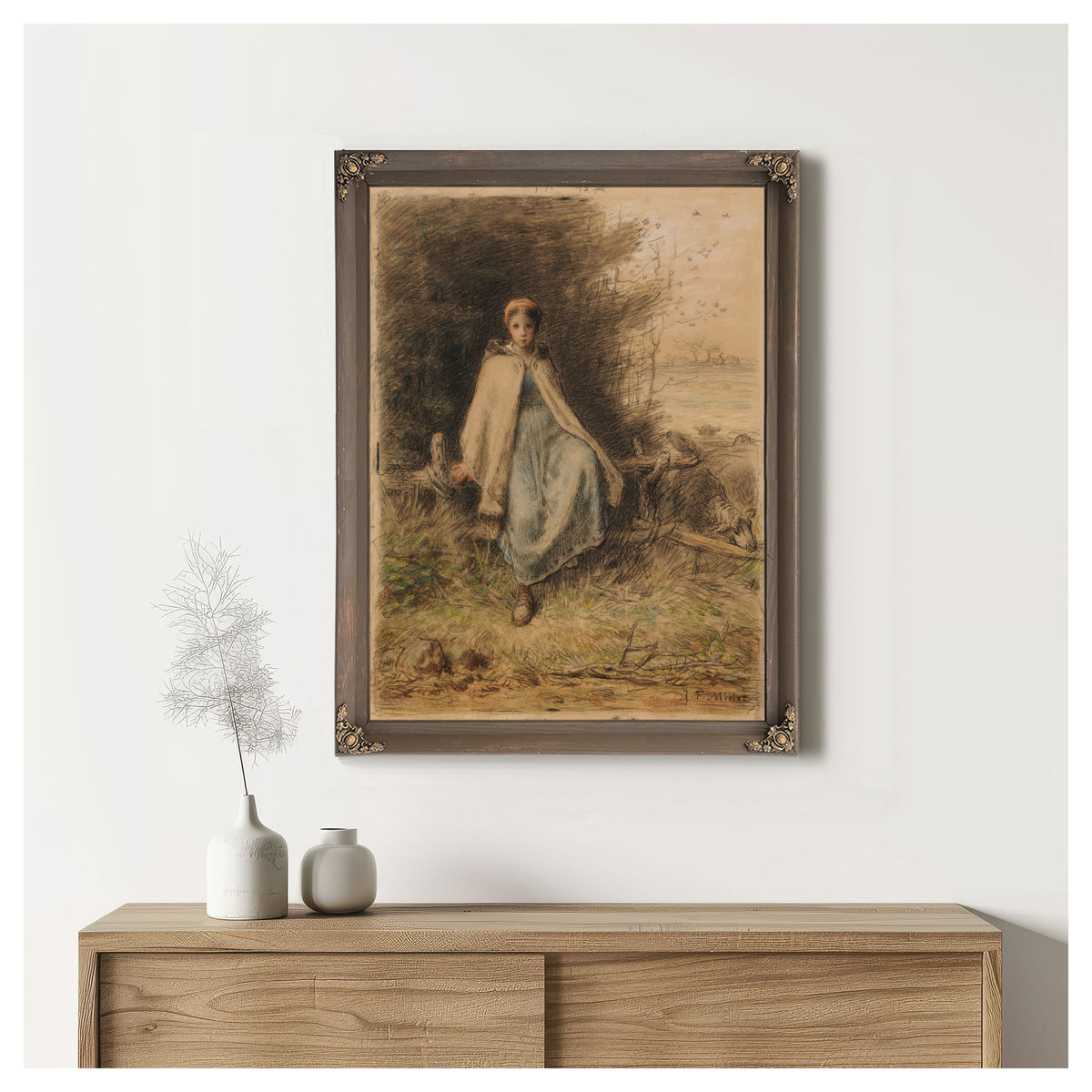 Jeune Bergere Assise Sur Une Barriere By Jean Francois Millet