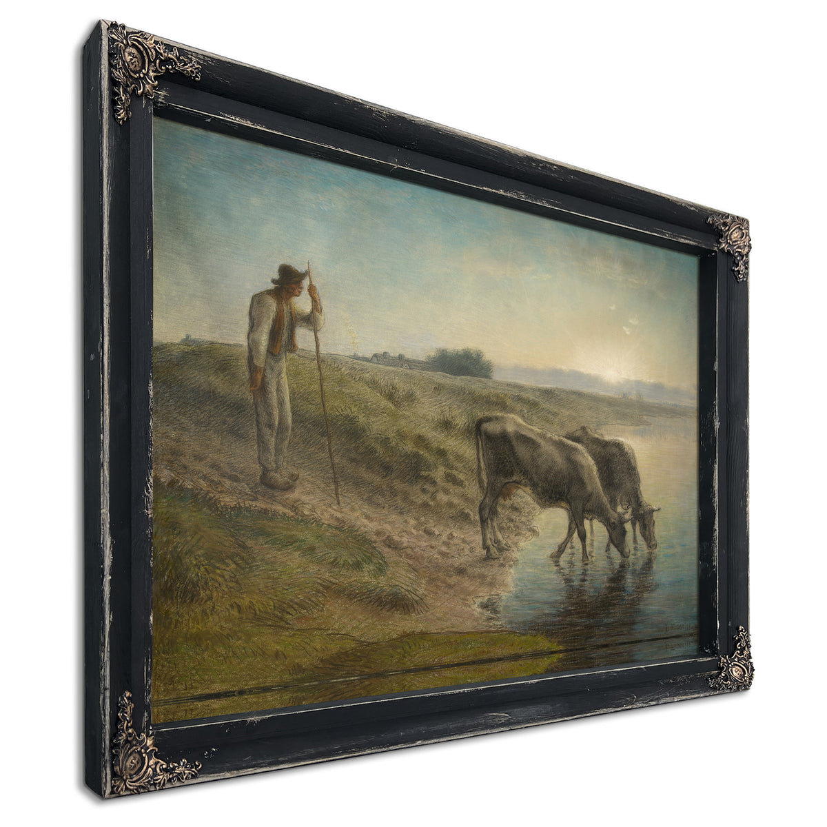 Peasant Watering His Cows the Bank the By Jean Francois Millet
