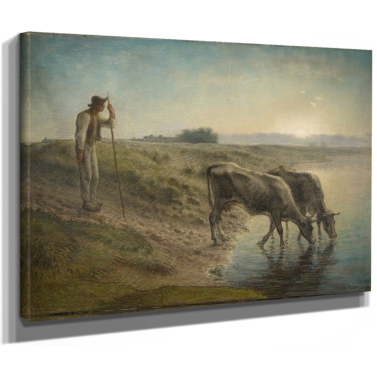 Peasant Watering His Cows the Bank the By Jean Francois Millet