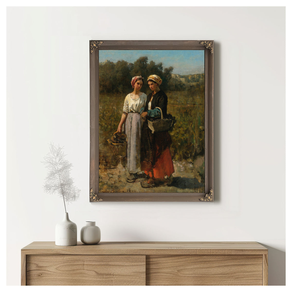 Two Young Women Picking Grapes Study By Jules Breton