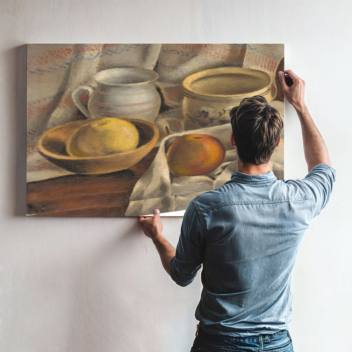 Still Life Ceramic Pots Apples By Mikulas Galanda