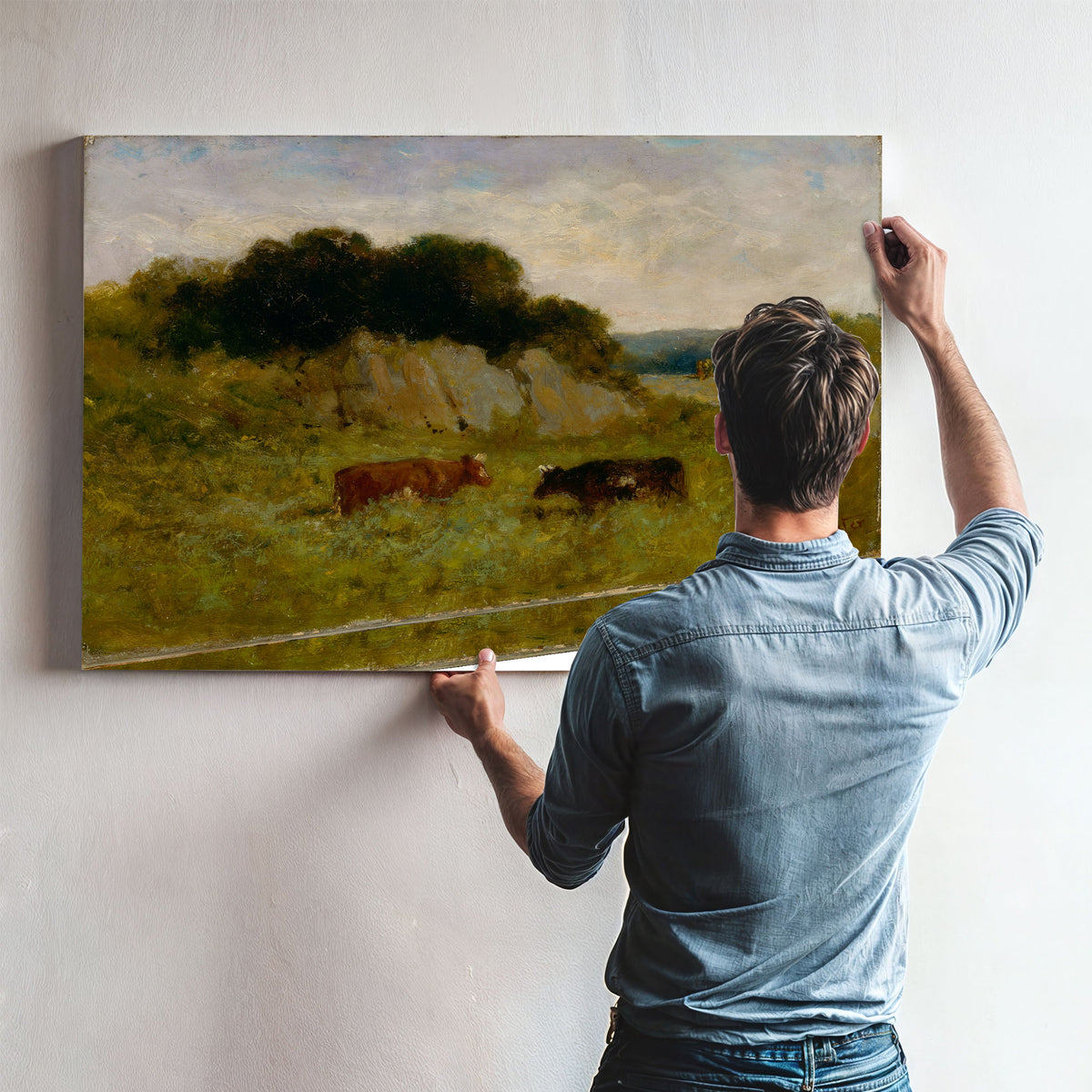 Untitled Landscape Two Cows By Mitchell Bannister
